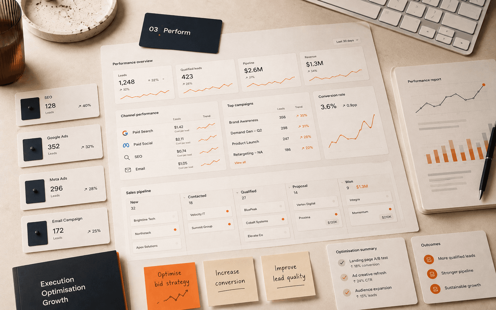 Performance dashboards tracking results across channels with optimisation notes
