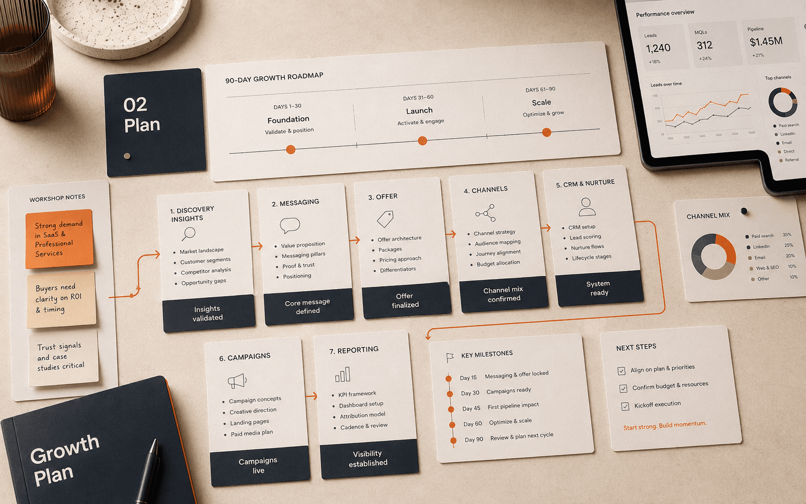 A 90-day growth plan laid out: roadmap, messaging, offer, channels and key milestones