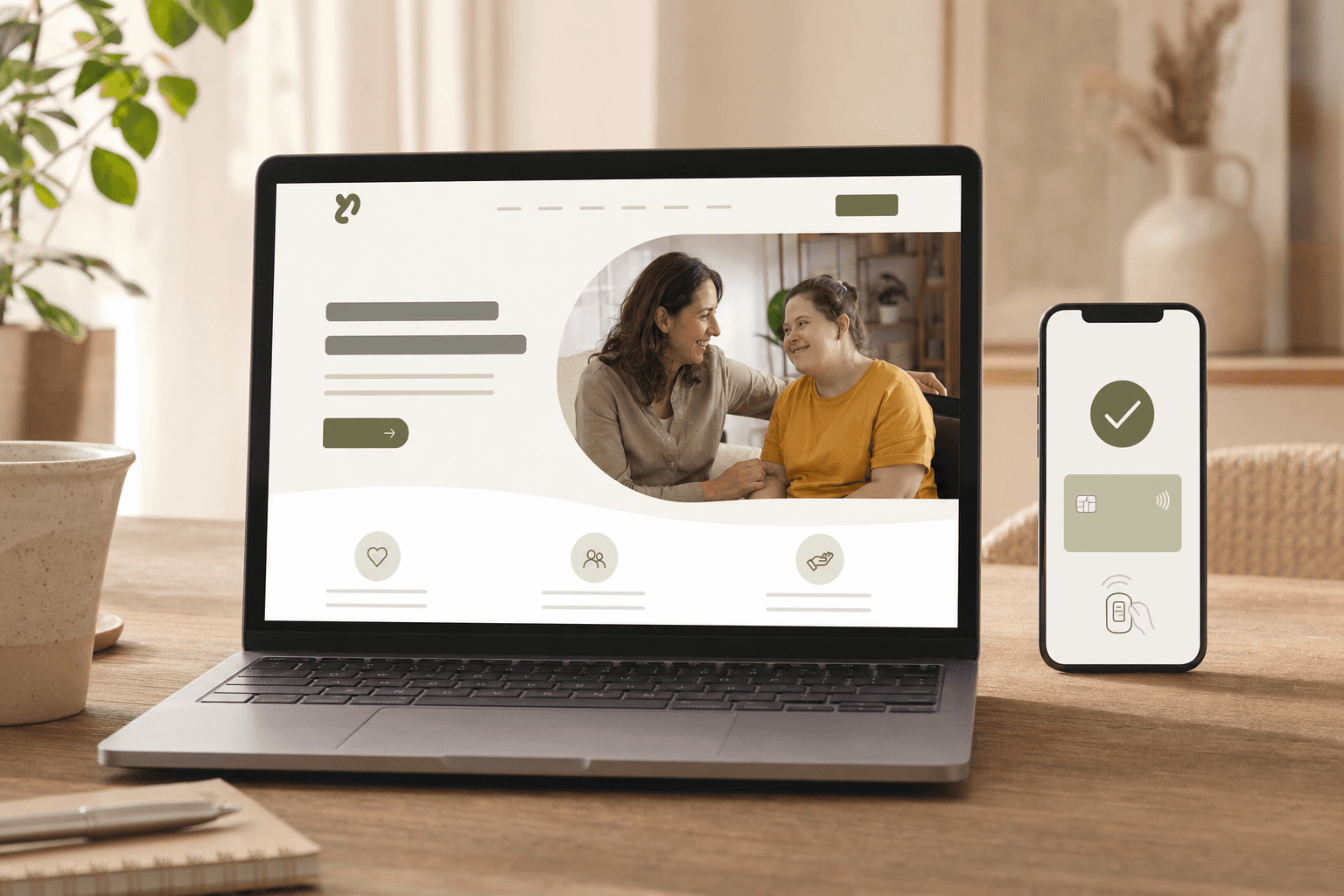 Laptop and smartphone on a warm wooden desk showing an NDIS provider website and a tap-to-pay payment confirmation