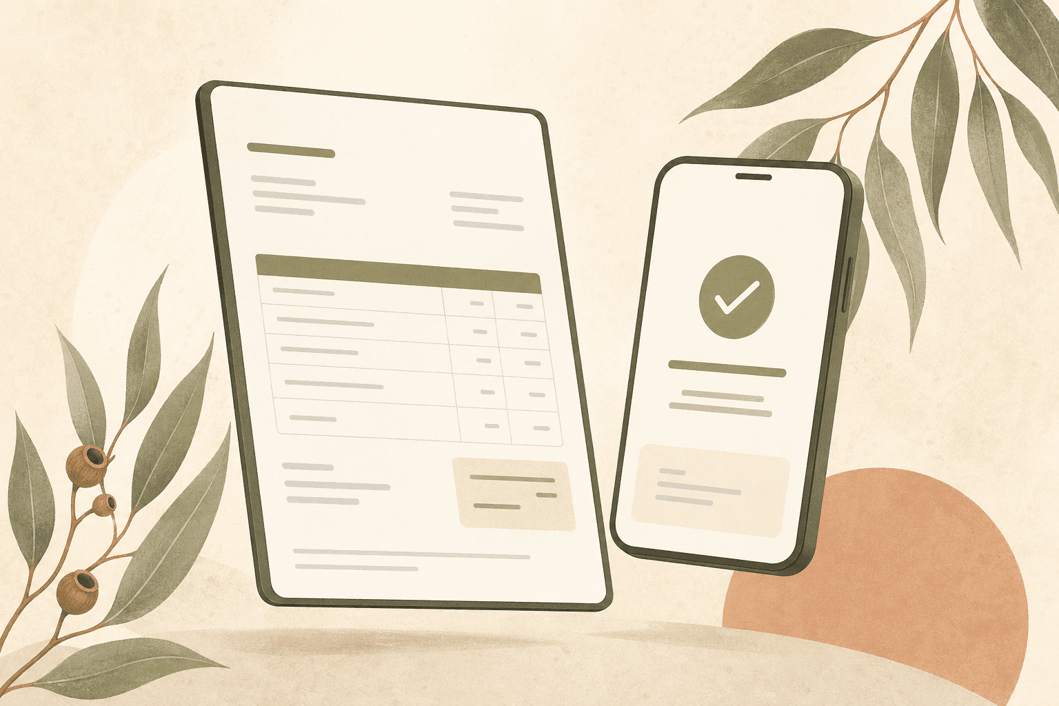 Editorial illustration of a digital invoice and payment confirmation, soft cream and olive palette